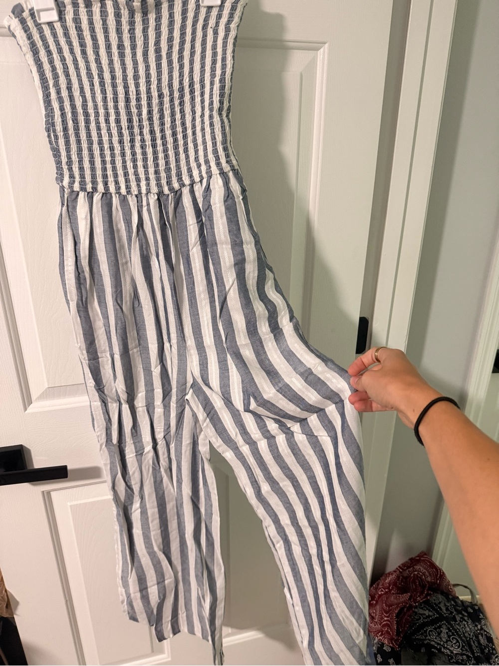 blue island Blue and White Striped Smocked Jumpsuit